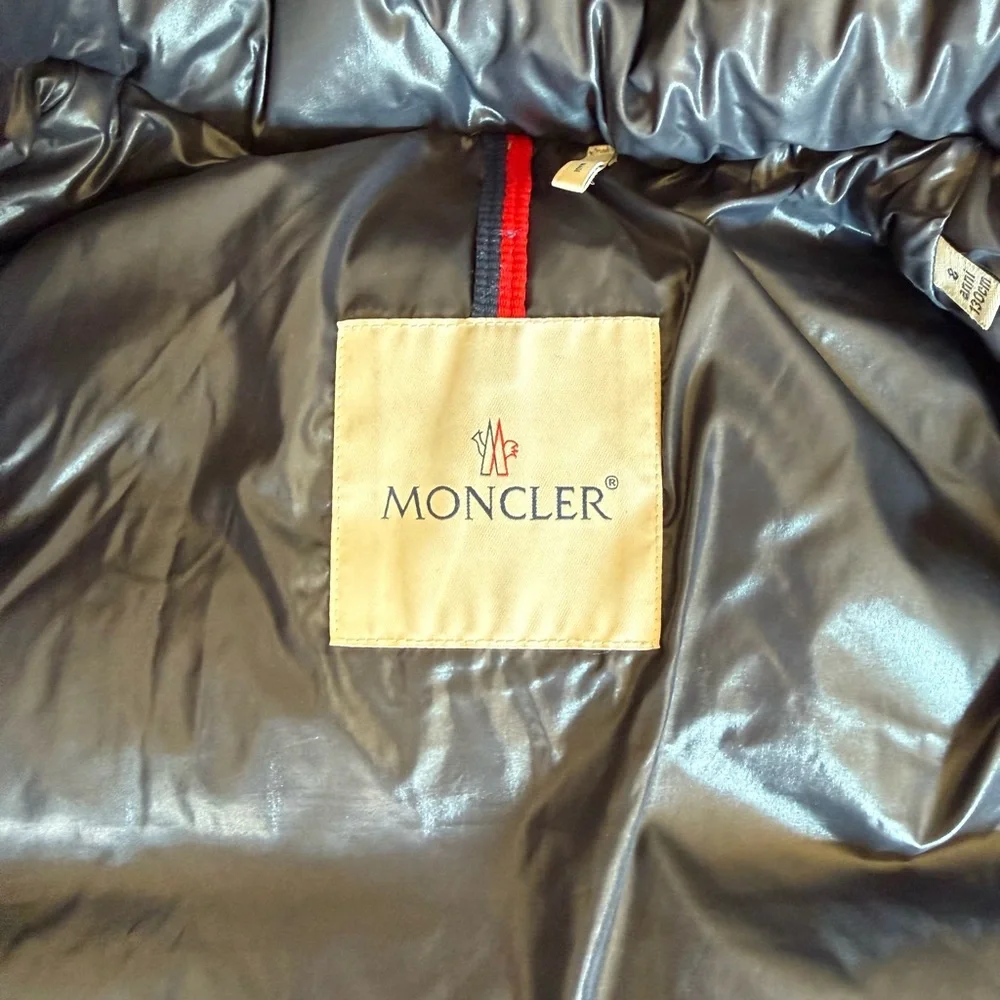 Moncler New Maya Down Jacket in classic navy blue, boys size 8.